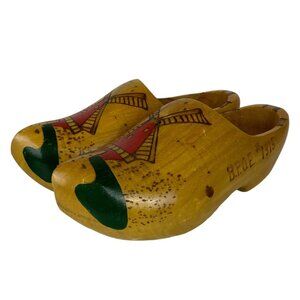 Vintage Hand-Painted Carved LARGE Wooden Dutch Clogs With Windmill Design